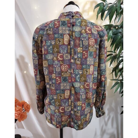 Silks VTG 80s 90s Egyptian Hieroglyph Long Sleeve Mock Blouse Womens Size M Top - Picture 3 of 13